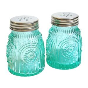 NEW Pioneer Woman Adeline LG GLASS SALT & PEPPER SHAKER SET Green Aqua Turquoise